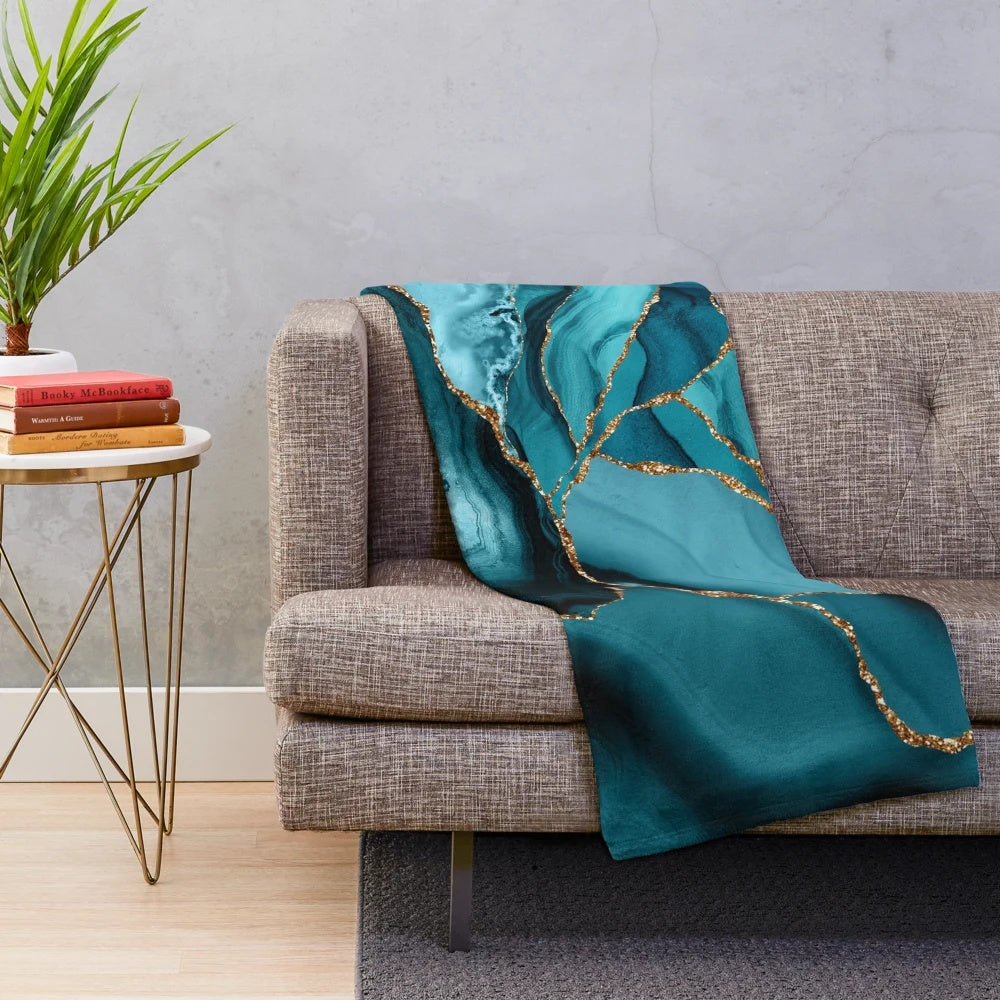 Teal and gold faux marble landscape waves plush blanket