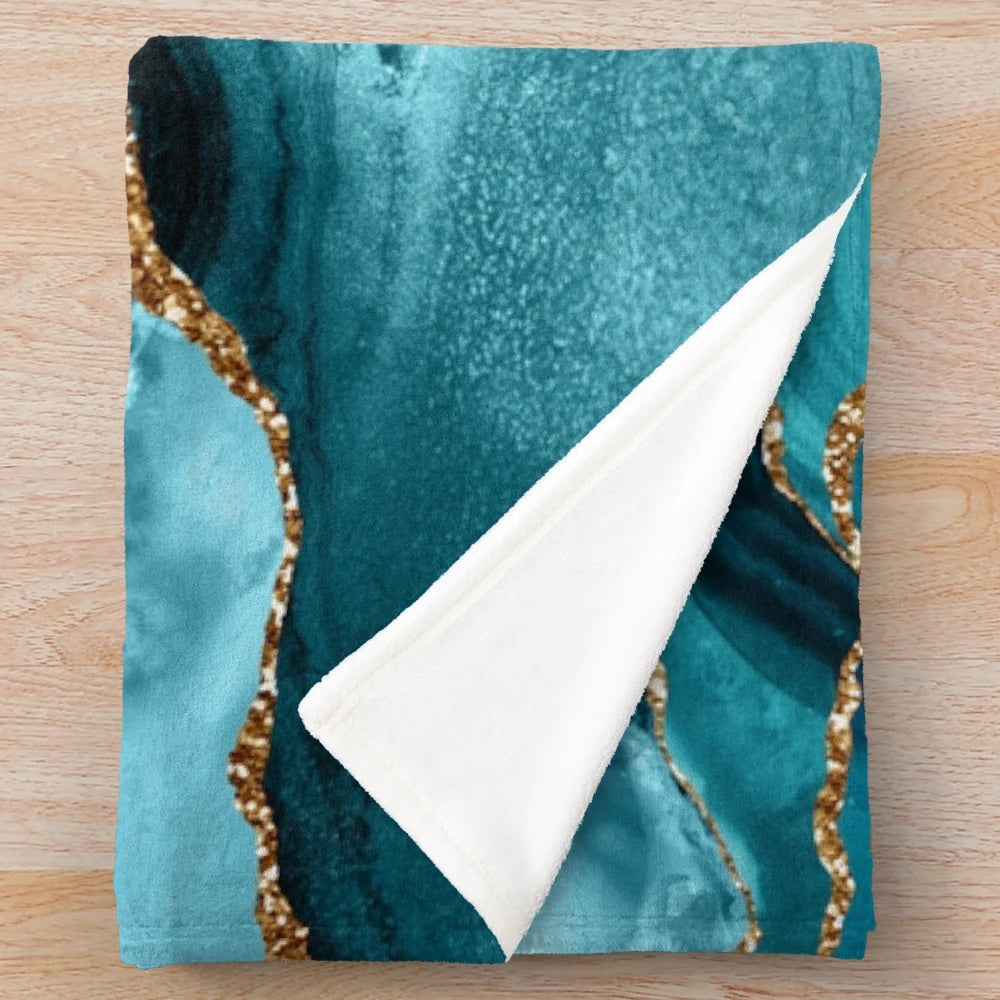 Teal and gold faux marble landscape waves plush blanket