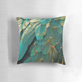 Teal and gold feather-adorned accent pillow for home decor