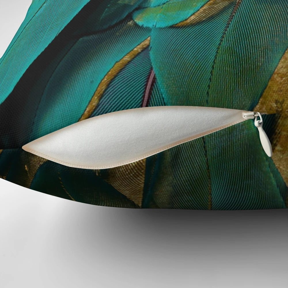 Teal and gold feather-adorned accent pillow for home decor