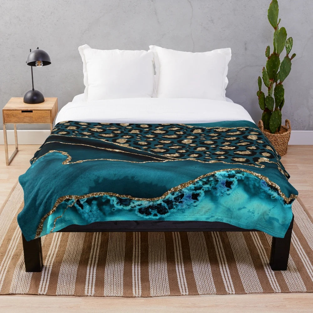 Teal and gold leopard agate plush blanket