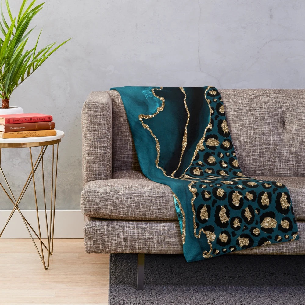 Teal and gold leopard agate plush blanket