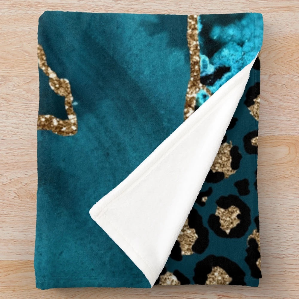 Teal and gold leopard agate plush blanket