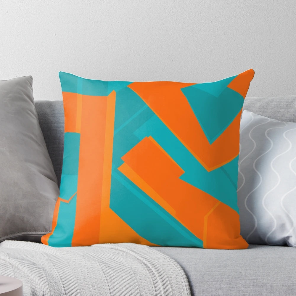 Teal and orange abstract art throw pillow with geometric patterns
