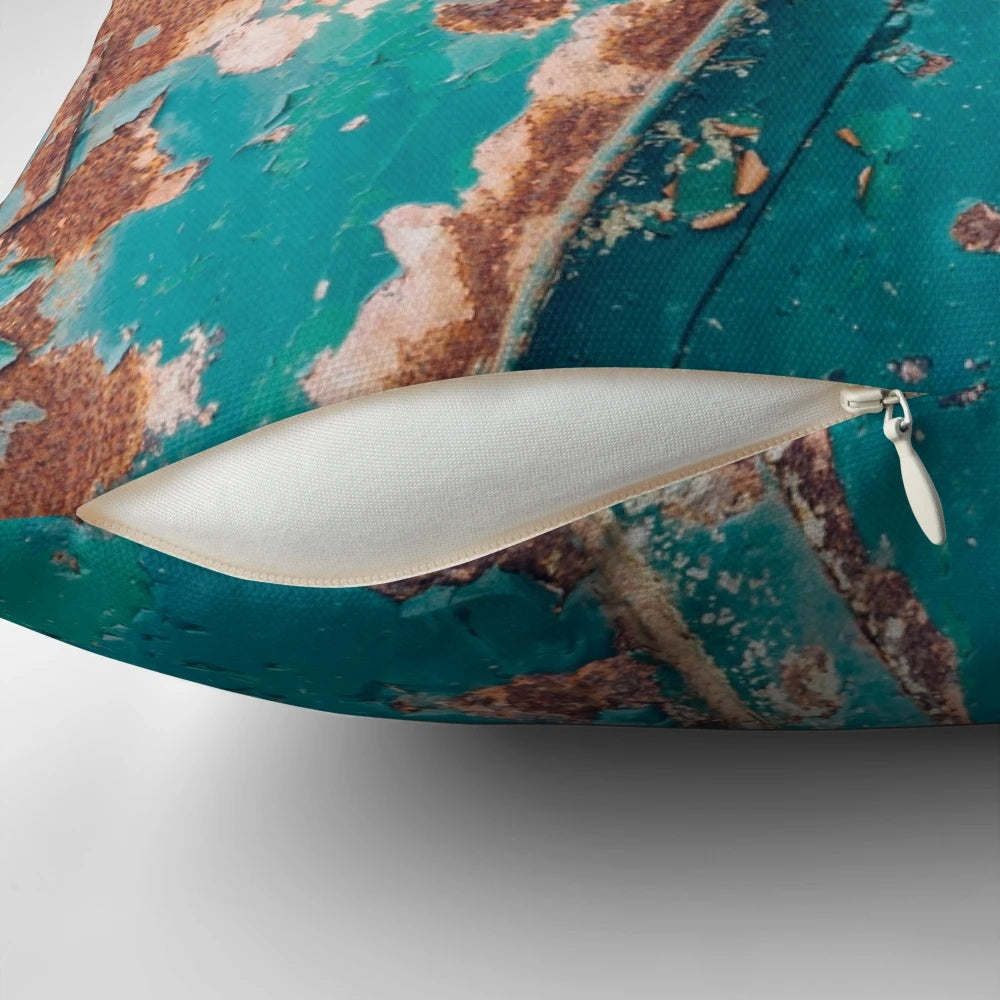 Teal and rust abstract pillow with a distressed, industrial-style design