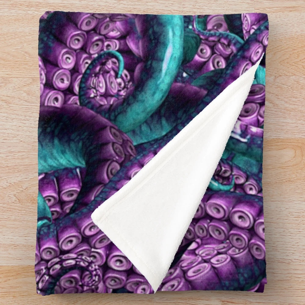 Teal and violet plush blanket featuring an octopus design inspired by horror themes