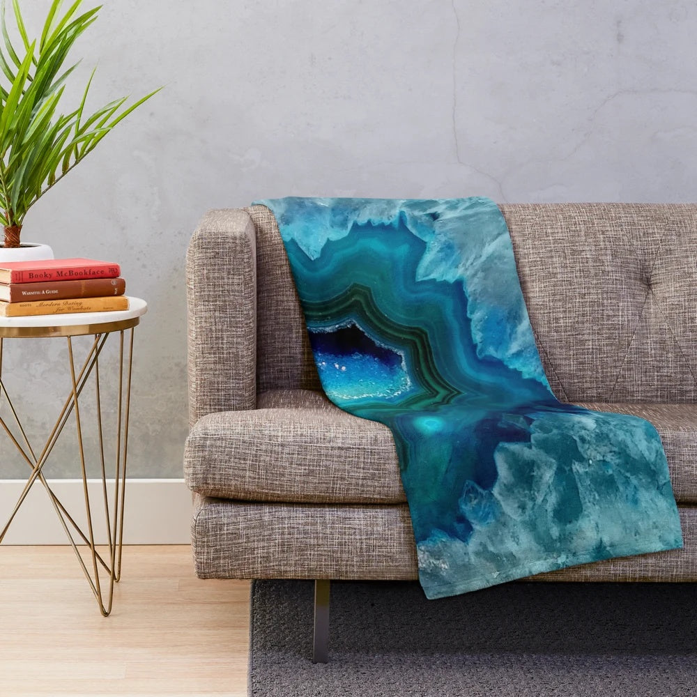 Teal blue agate plush blanket with a beautiful shimmering, sparkling, and glittering texture