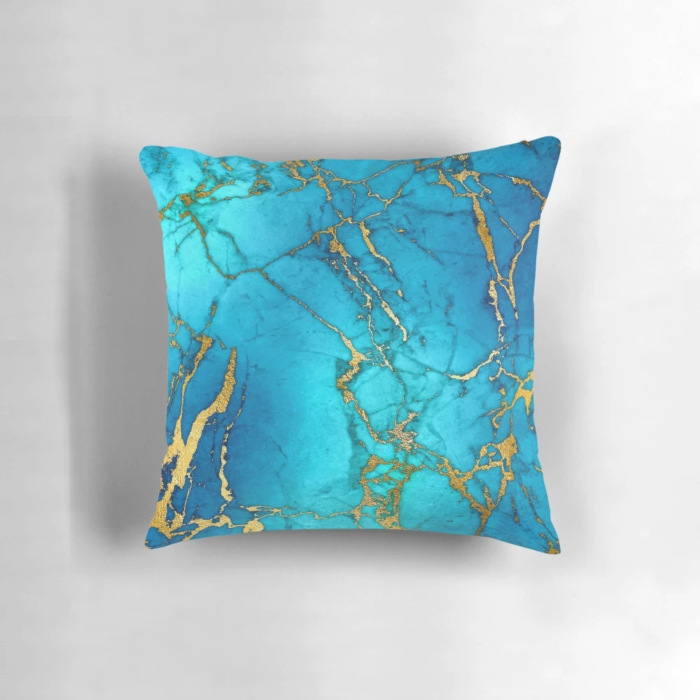 Teal blue faux marble and gold glitter veins decorative pillow with a stylish, marbled texture.