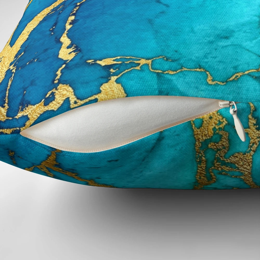 Teal blue faux marble and gold glitter veins decorative pillow with a stylish, marbled texture.