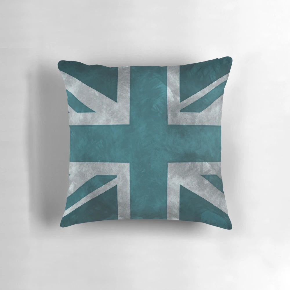 Teal distressed vintage union jack pillow with a worn, grunge design