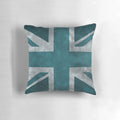 Teal distressed vintage union jack pillow with a worn, grunge design