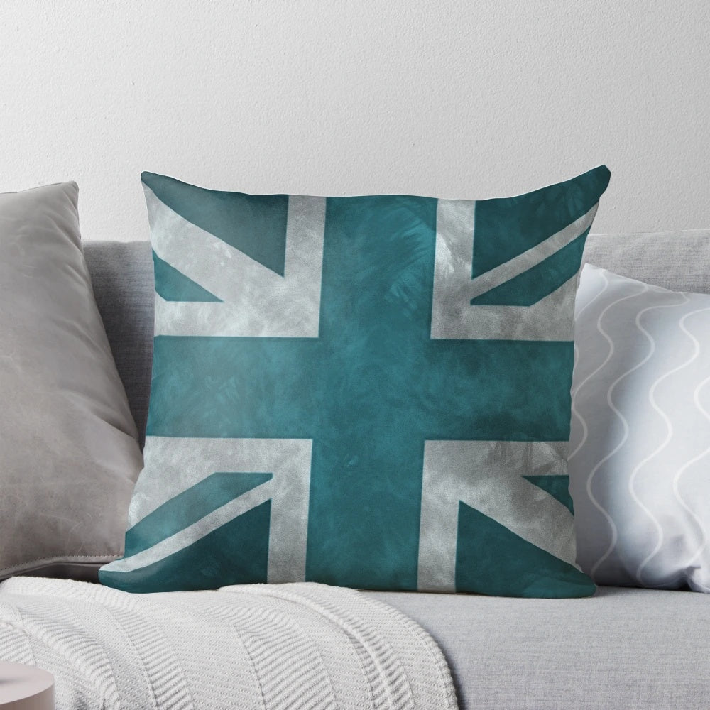 Teal distressed vintage union jack pillow with a worn, grunge design