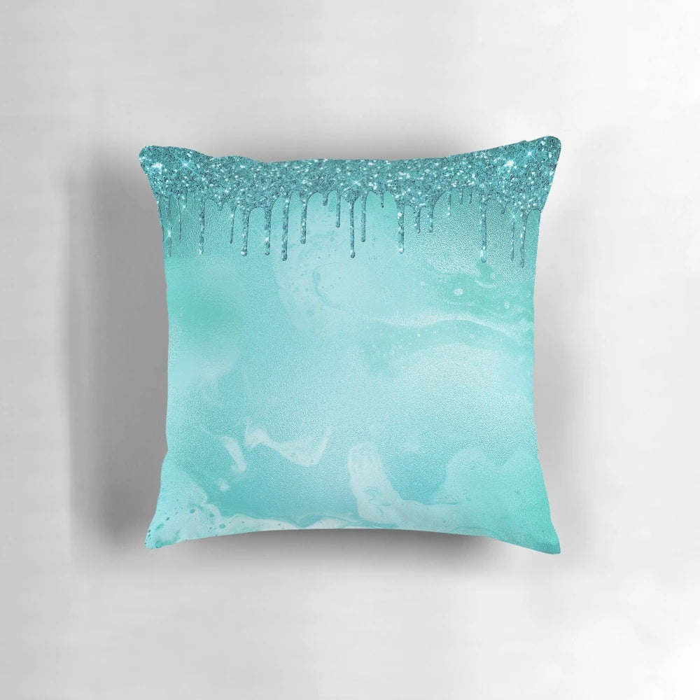 Teal glitter droplets on teal faux metal foil decorative throw pillow