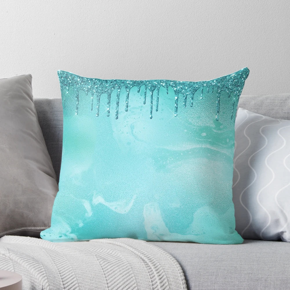 Teal glitter droplets on teal faux metal foil decorative throw pillow