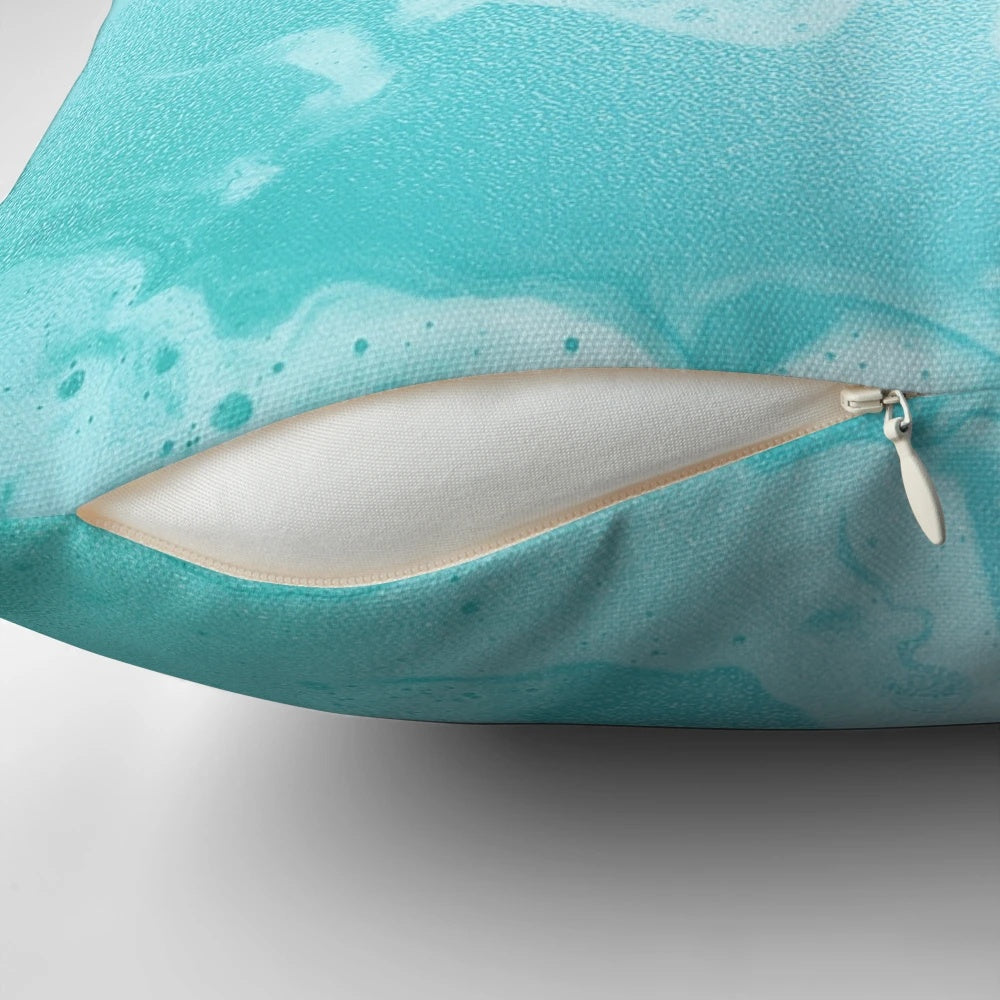 Teal glitter droplets on teal faux metal foil decorative throw pillow
