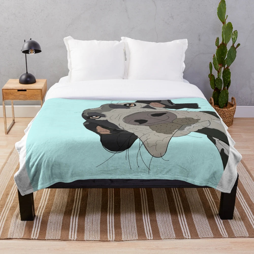 Teal plush blanket with a detailed Great Dane dog portrait