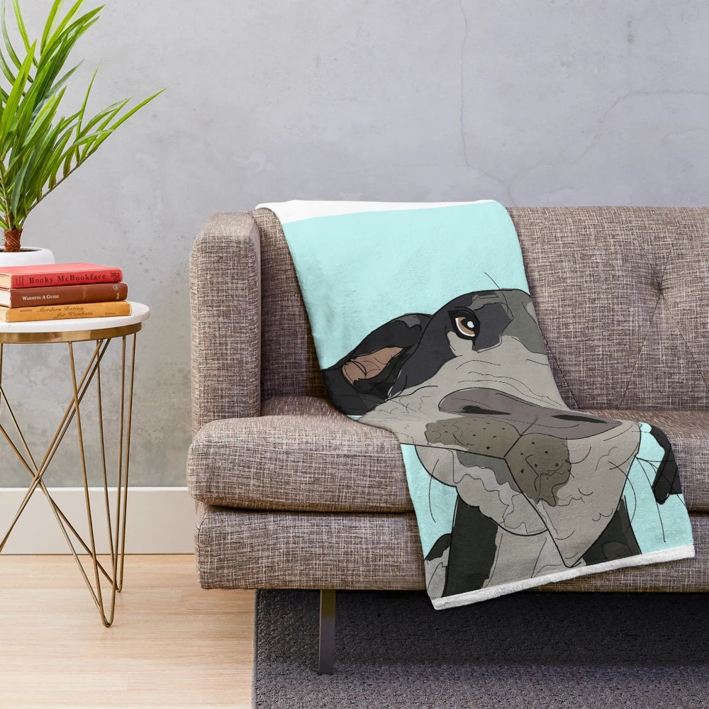 Teal plush blanket with a detailed Great Dane dog portrait