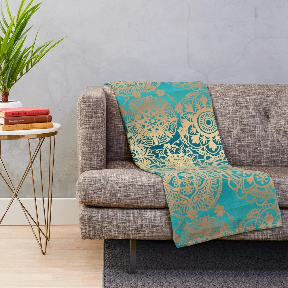 Teal green and gold mandala pattern plush blanket
