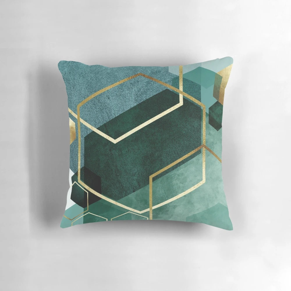 Teal green geometric patterned decorative throw pillow