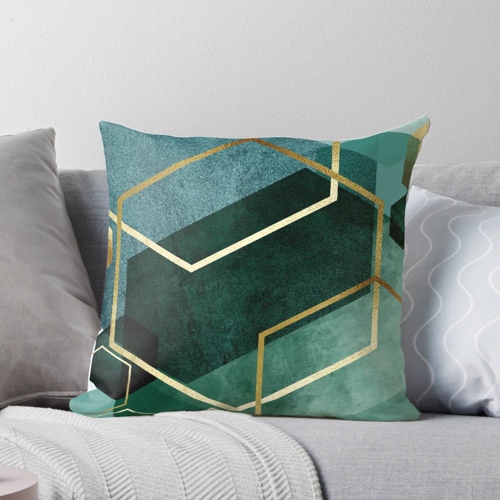 Teal green geometric patterned decorative throw pillow