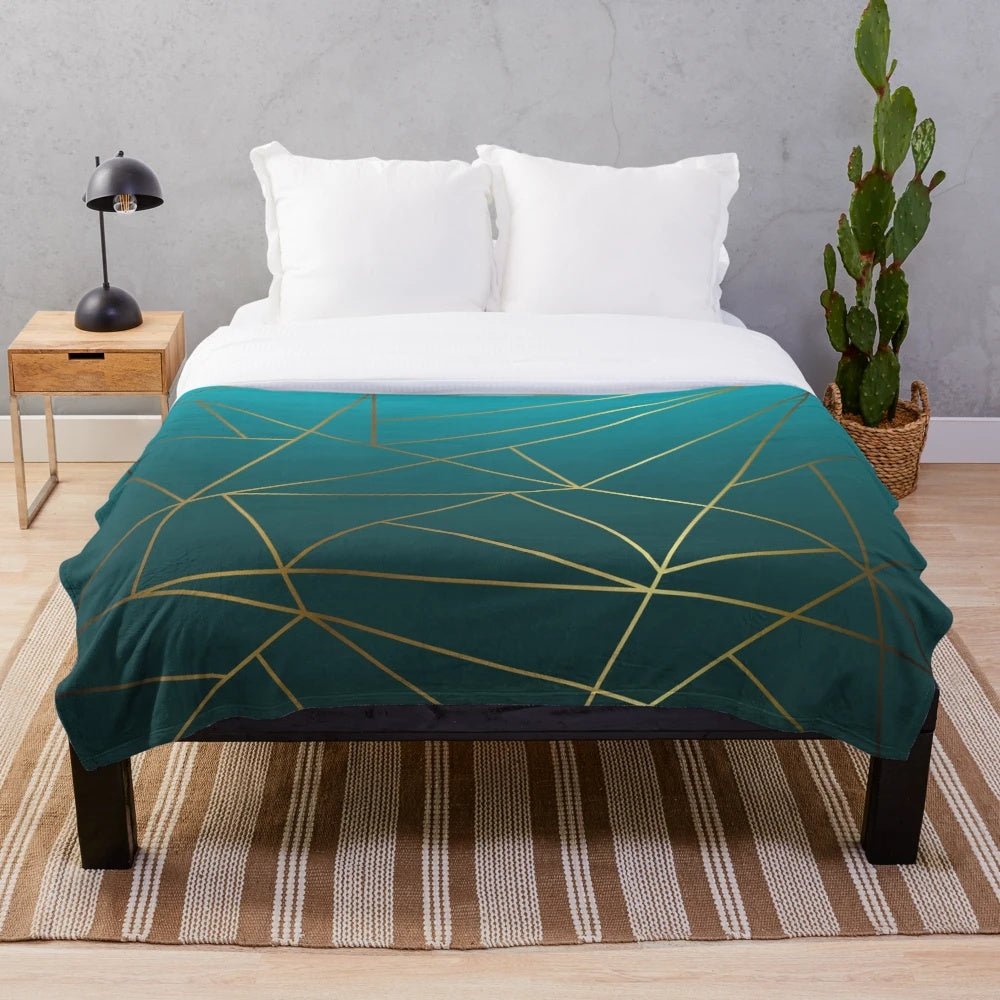 Teal ombre and metallic gold geometric design plush blanket
