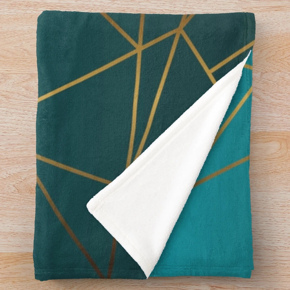 Teal ombre and metallic gold geometric design plush blanket