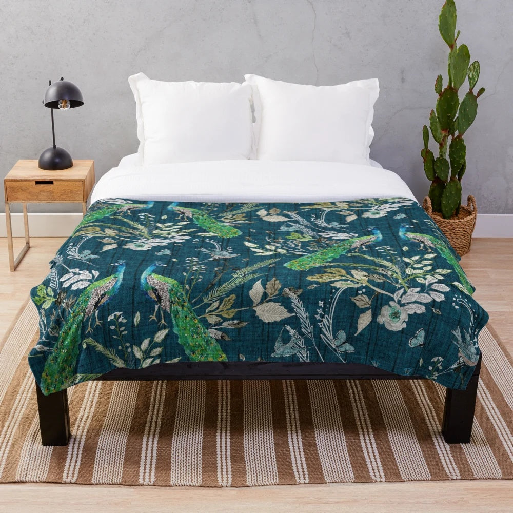Soft, plush teal blanket with a beautiful peacock and floral chinoiserie pattern