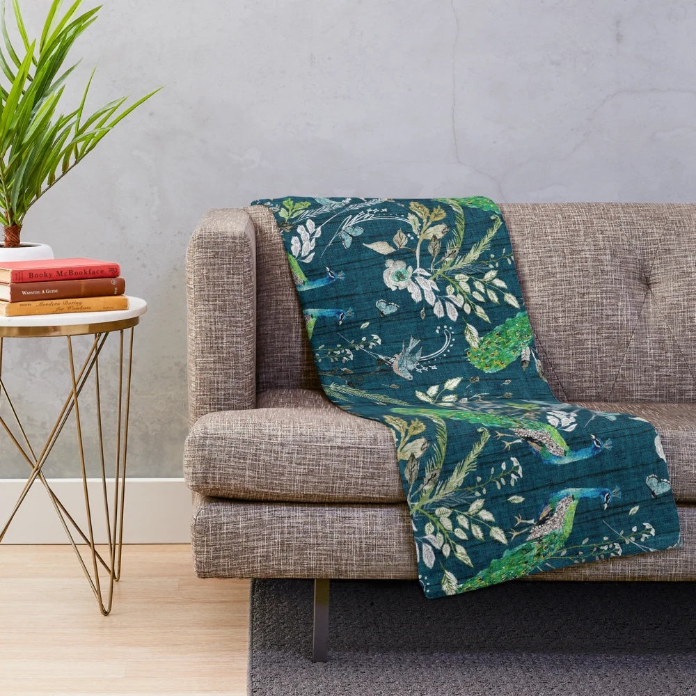 Soft, plush teal blanket with a beautiful peacock and floral chinoiserie pattern