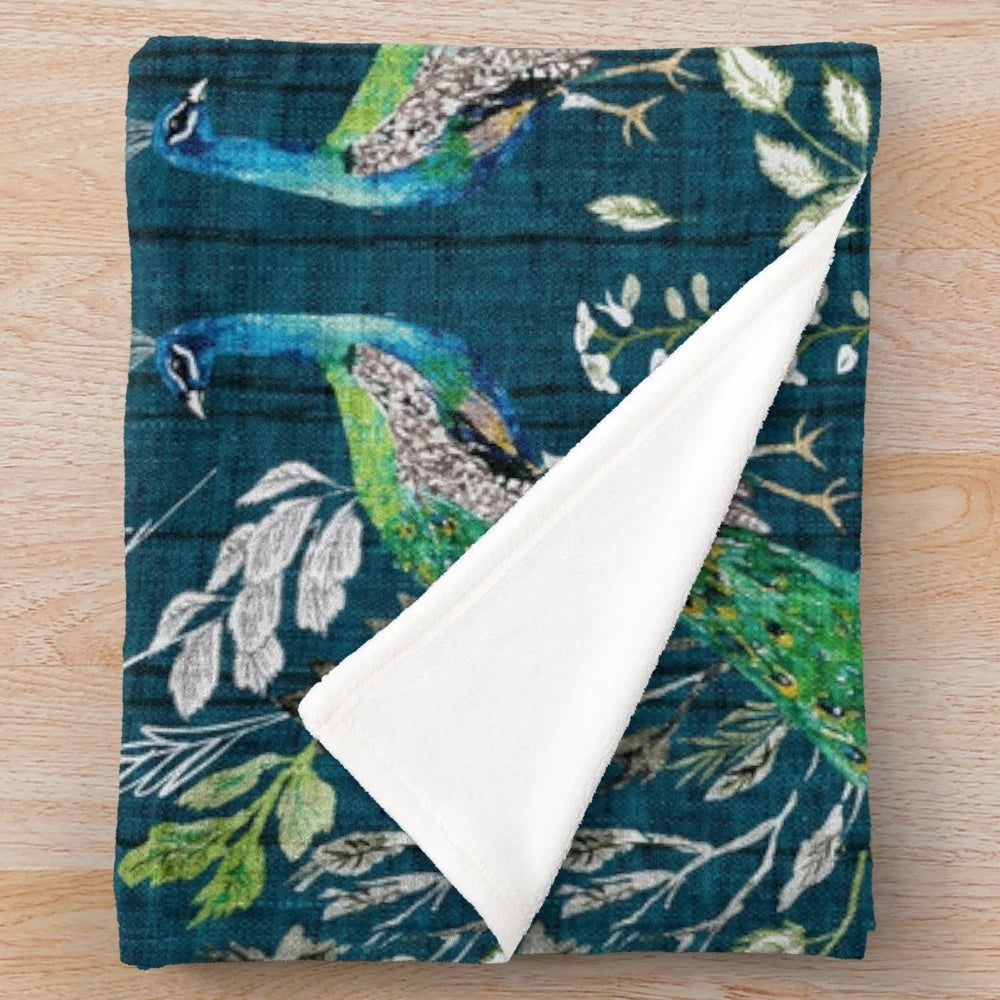 Soft, plush teal blanket with a beautiful peacock and floral chinoiserie pattern