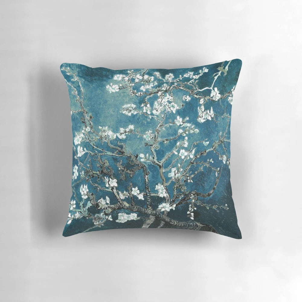 Teal pillow featuring the iconic Van Gogh Almond Blossoms impressionist floral design