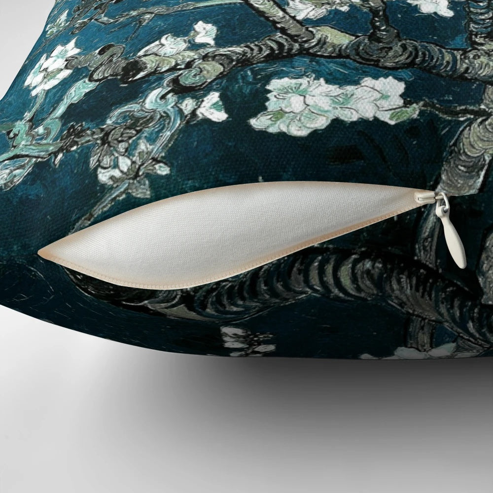 Teal pillow featuring the iconic Van Gogh Almond Blossoms impressionist floral design