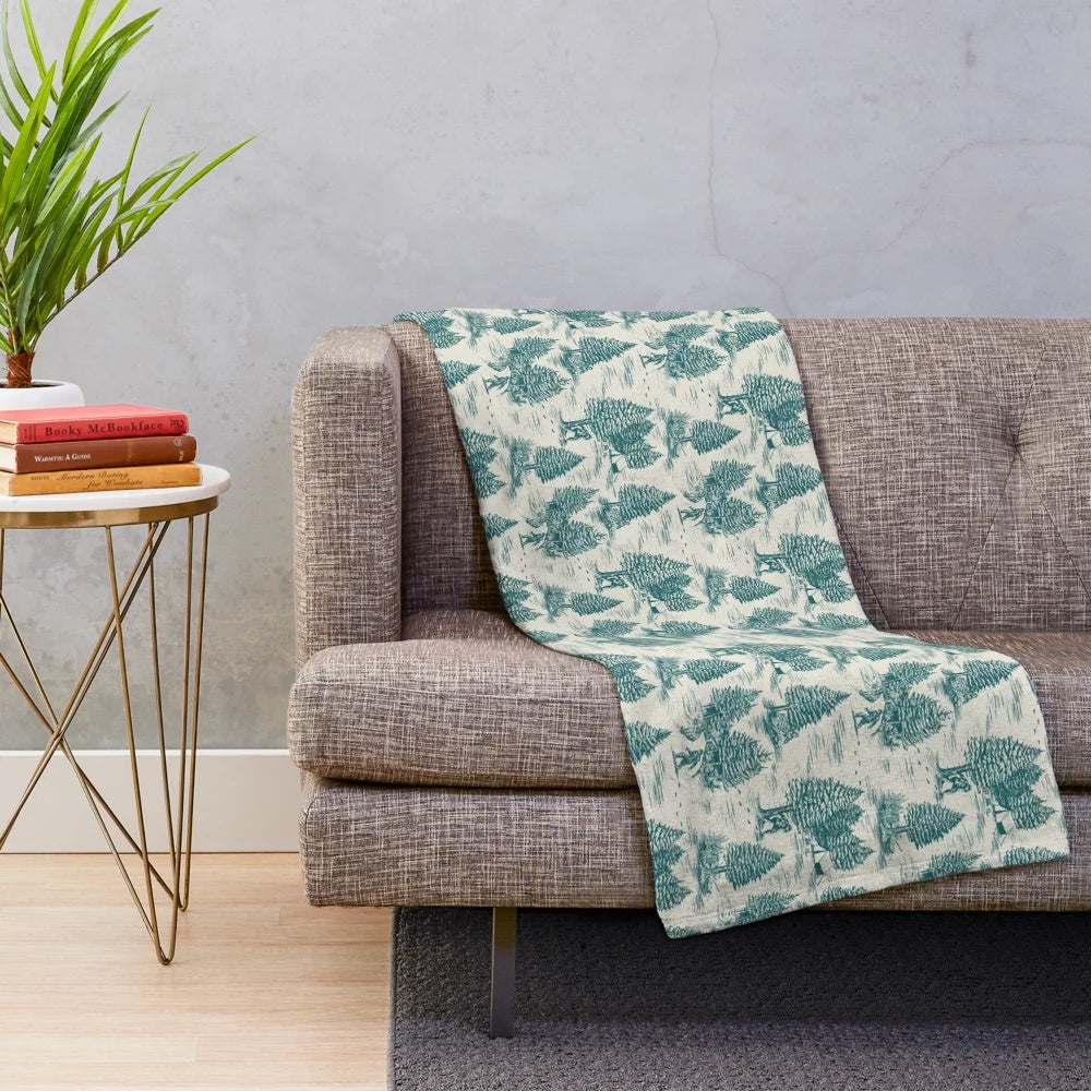 Teal plush blanket with Bigfoot / Sasquatch Toile de Jouy design