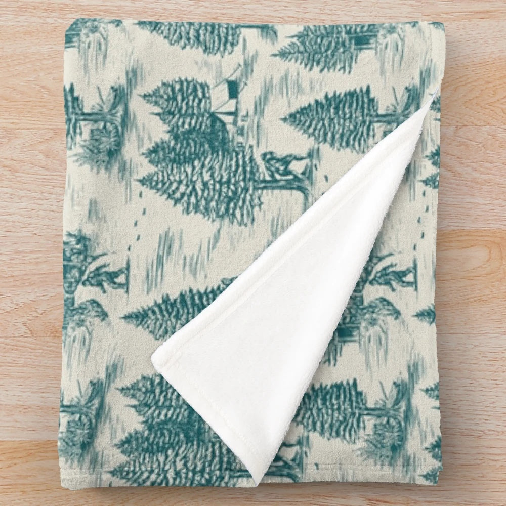Teal plush blanket with Bigfoot / Sasquatch Toile de Jouy design