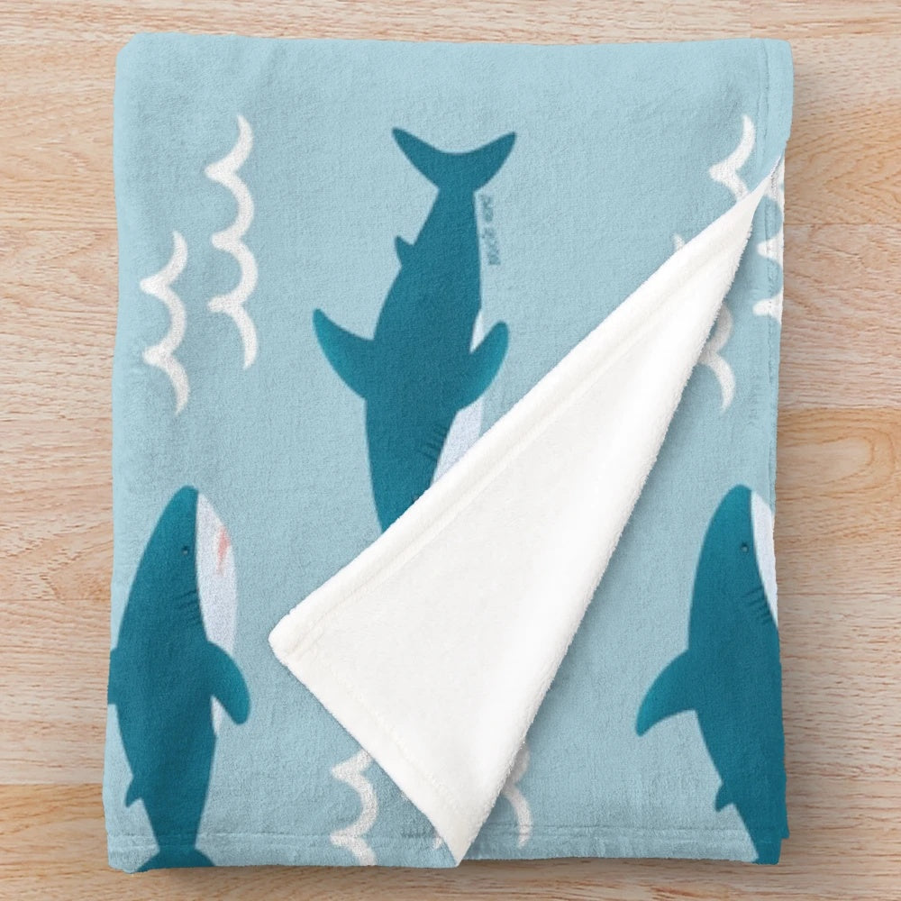 Teal shark-themed plush blanket with Blahaj-inspired design