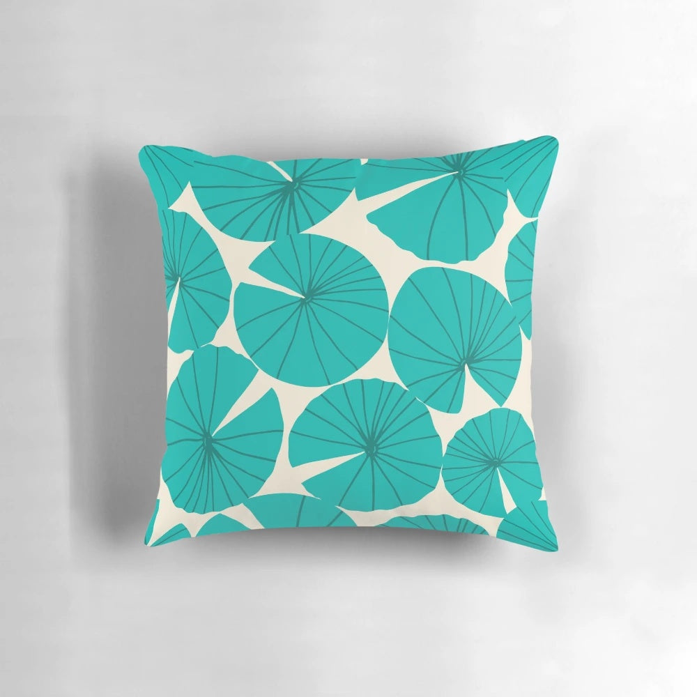 Teal waterlily leaves decorative throw pillow with abstract shapes and nature-inspired design