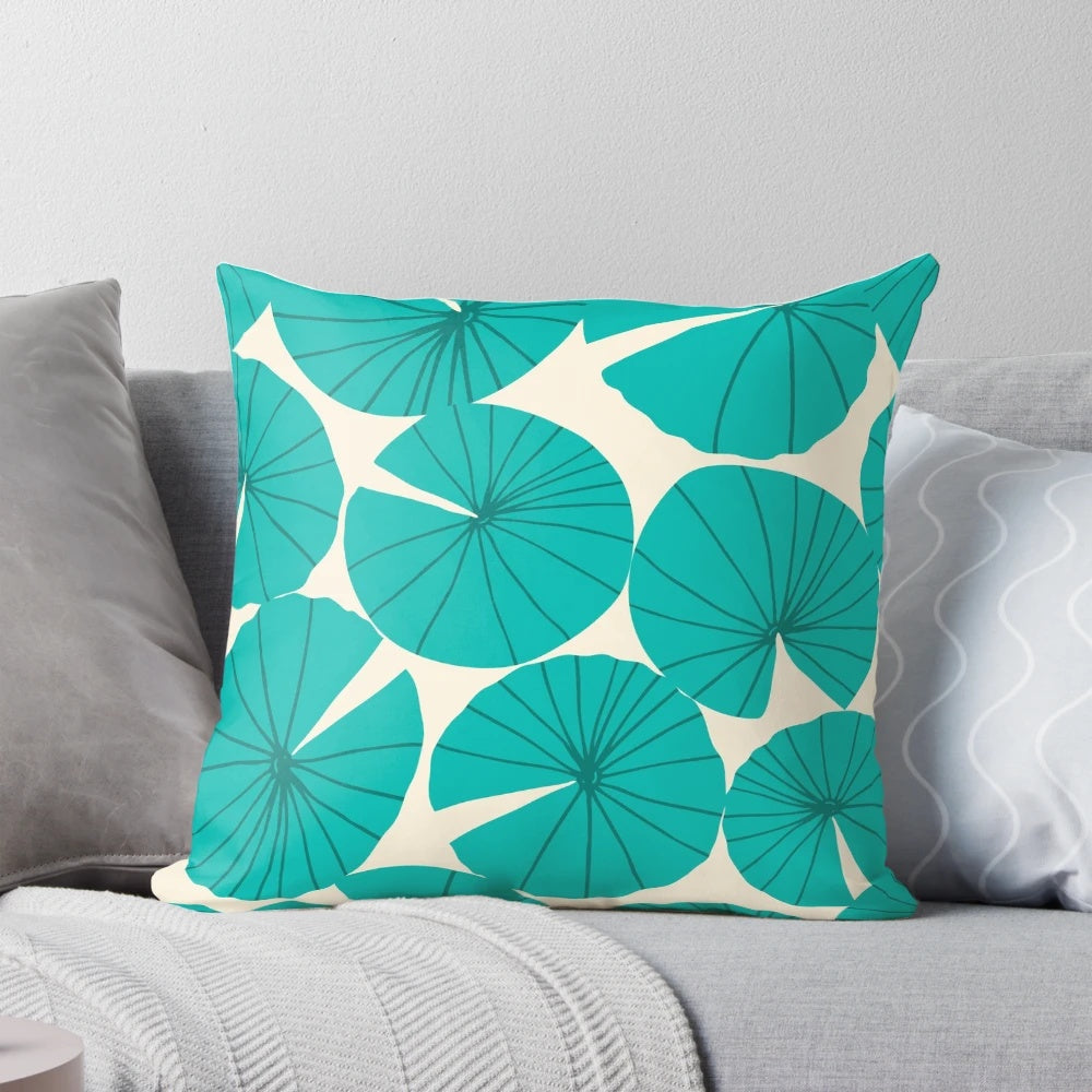 Teal waterlily leaves decorative throw pillow with abstract shapes and nature-inspired design