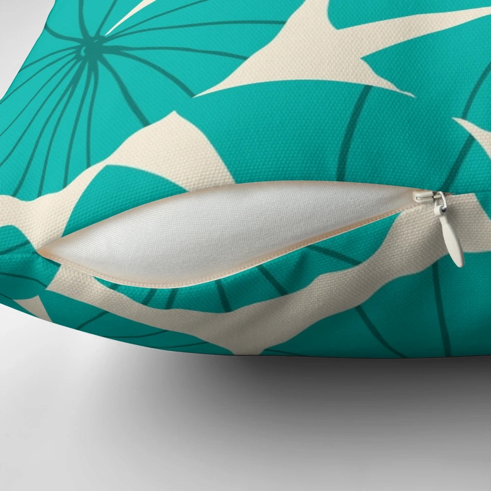 Teal waterlily leaves decorative throw pillow with abstract shapes and nature-inspired design