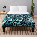 Teal waves and blossoms plush blanket with tropical design and island culture motifs