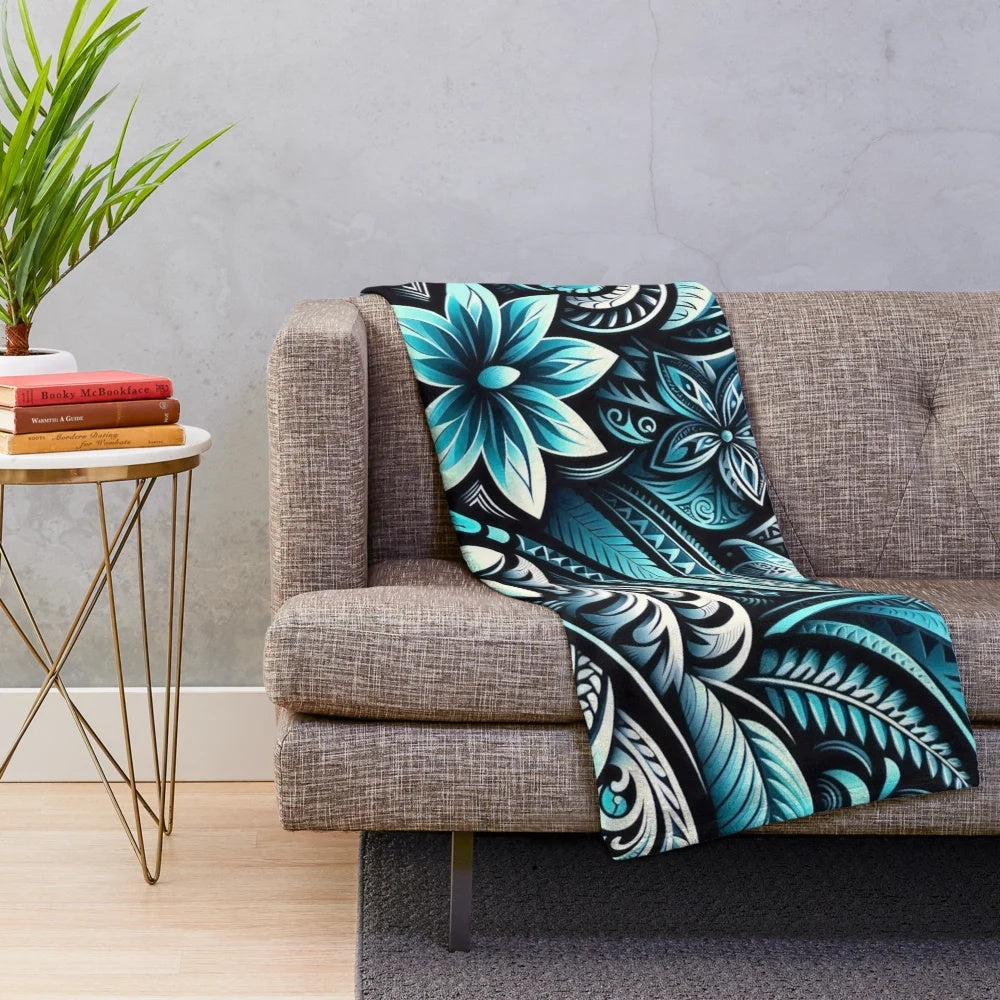 Teal waves and blossoms plush blanket with tropical design and island culture motifs