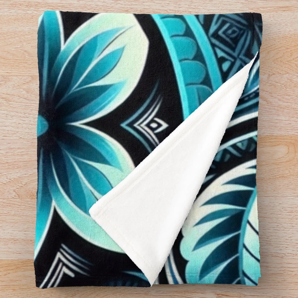 Teal waves and blossoms plush blanket with tropical design and island culture motifs