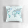 Teal and mint green world map printed on a soft, plush pillow for your home, office or dorm room.