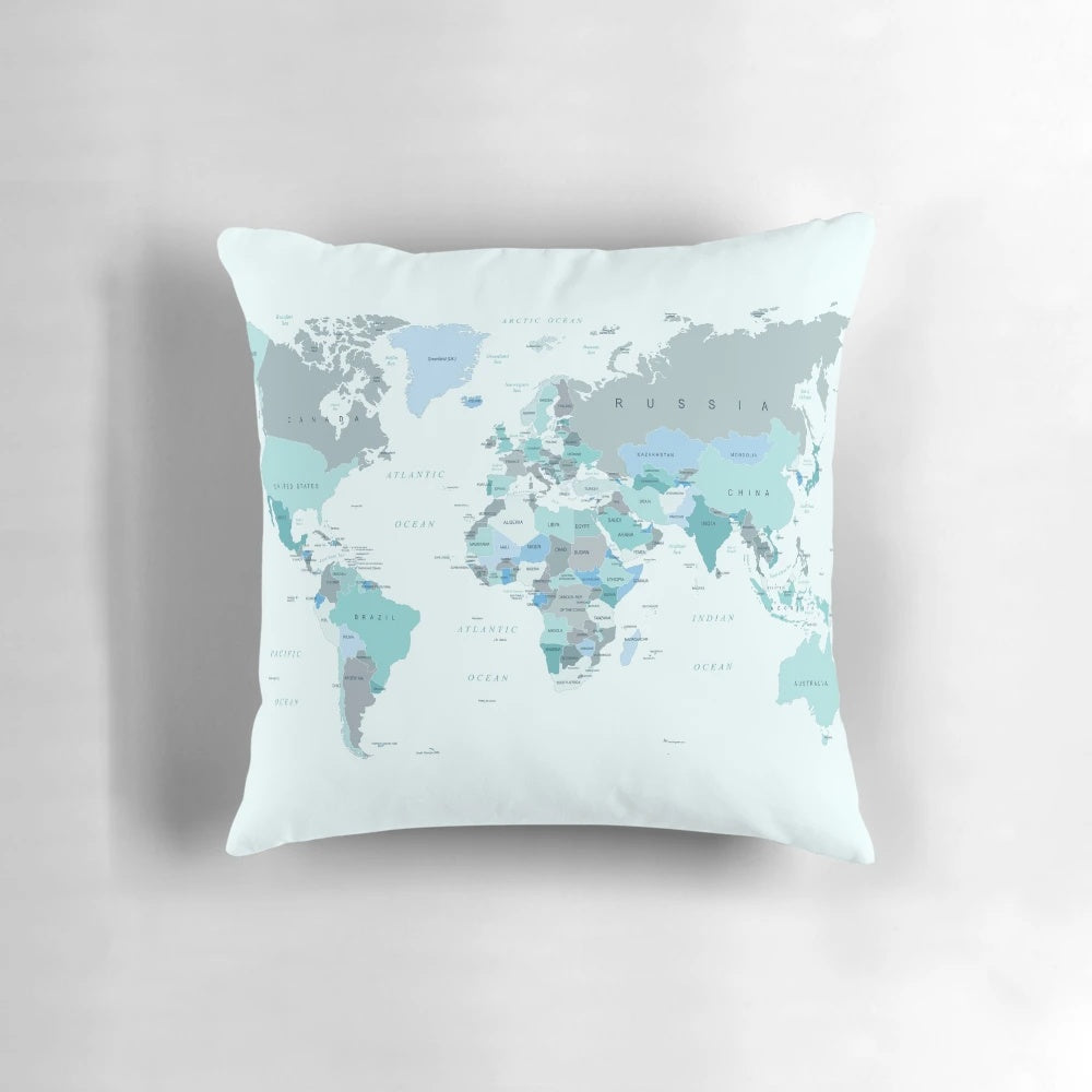 Teal and mint green world map printed on a soft, plush pillow for your home, office or dorm room.