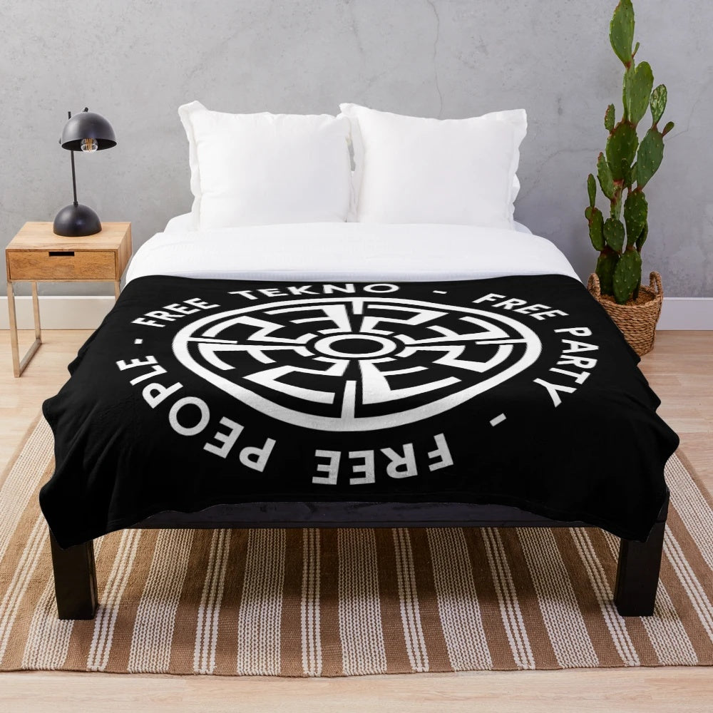 Tekno party plush blanket with tribal, acid, and sound system graphics
