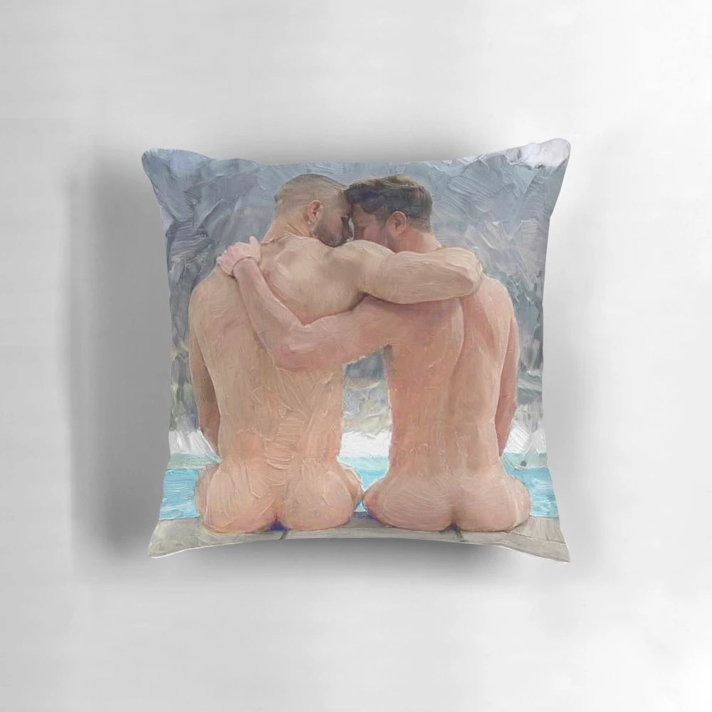 A sensual, tender depiction of two men in a loving embrace, showcasing the beauty and intimacy of the male form.