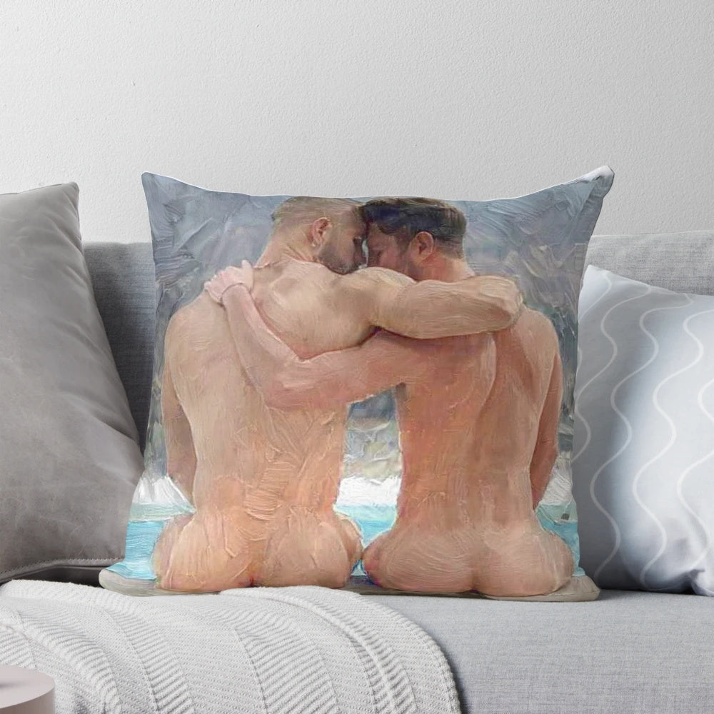 A sensual, tender depiction of two men in a loving embrace, showcasing the beauty and intimacy of the male form.