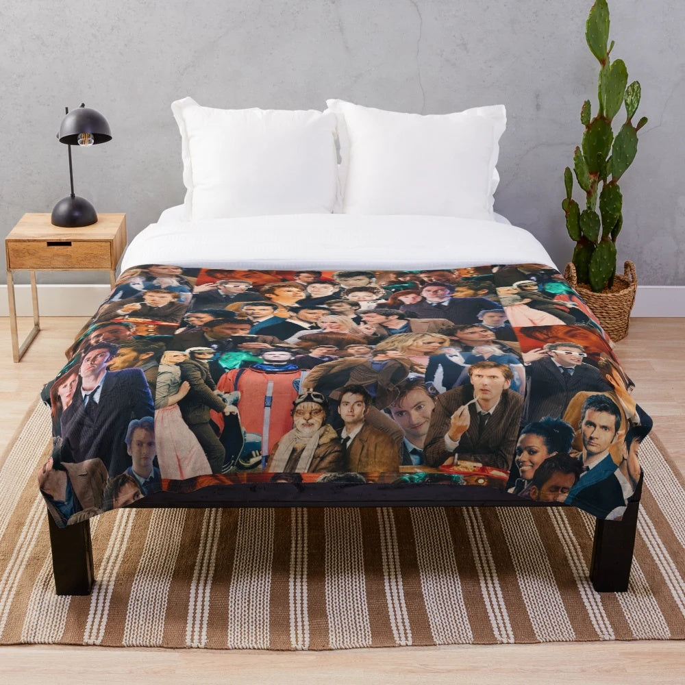 Tenth Doctor plush blanket with collage of characters
