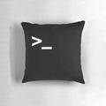 A black and white pillow with a terminal icon design, ideal for tech enthusiasts and programmers.