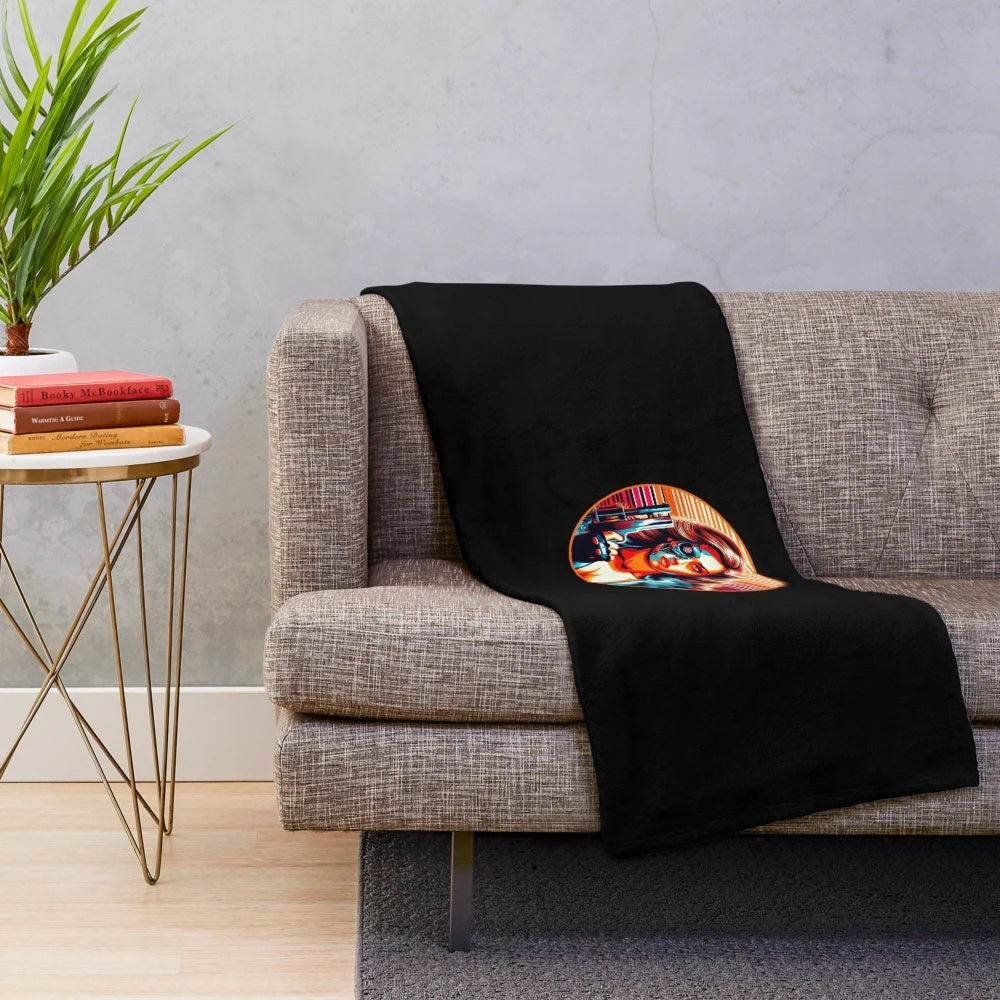 Terminator-inspired plush blanket featuring a woman in the movie's iconic style