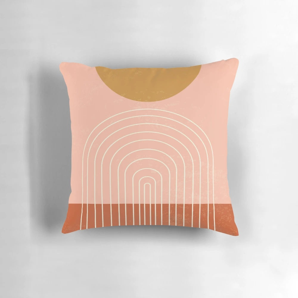 Terracotta mid-century inspired arch pillow with neutral, minimalist design