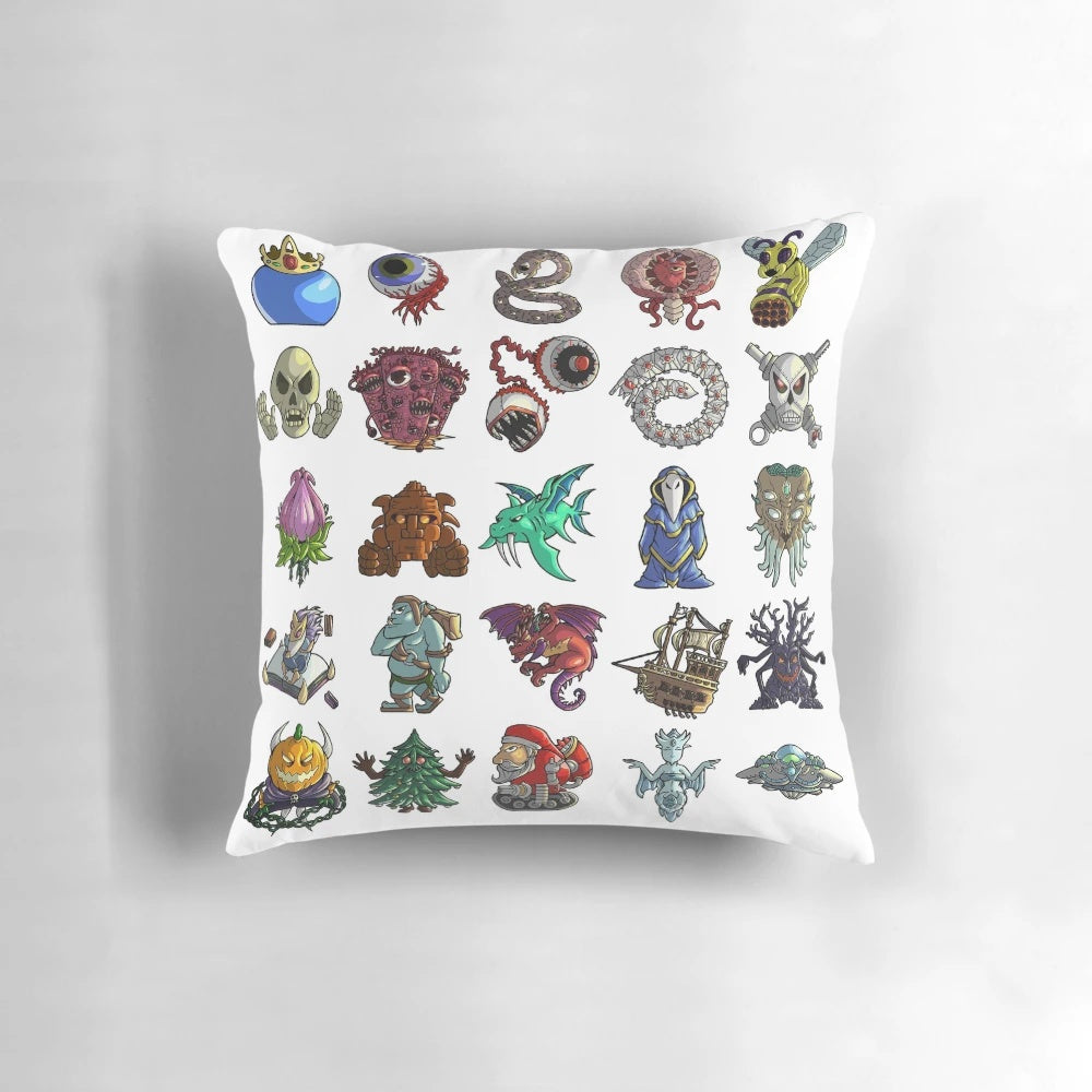 Terraria Boss Pillow featuring the game's iconic bosses like slime, eye, worm, bee queen, moon lord, and fishron.